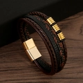 Detail of multi-layer brown and black leather woven bracelet with gold magnetic clasp - 23CM / Coffee + Gold Buckle