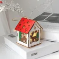 Nordic wooden Christmas cabin ornament with red star roof and warm LED light - Red House - Reindeer