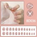 Minimalist jelly nude pink press-on nails with white geometric lines and tiny pearl accents - Nude Pink Lines And Pearls Style (BD036【Glue Style】)