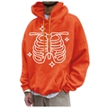 Bright orange fleece hoodie featuring white skeleton ribs and stars print with drawstring - S / Tops / Orange