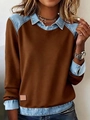 Women's brown pullover with denim patchwork collar and cuffs for a layered casual look - S / Brown