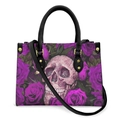 Gothic tote bag with pink skull and purple roses print on black leather base - Pink Skull Purple Rose - Black Strap