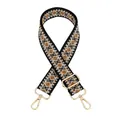 Close-up of geometric patterned canvas shoulder strap with gold metal hooks and sliders - A-5 Black Brown Diamond