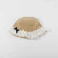 Khaki cotton bucket hat for children featuring white lace trim and pearl bow detail - CM8004 Lace Pearl Series / Beige