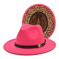 Detail of rose red fedora with black ribbon, golden M buckle, and leopard print brim lining - M (56-58cm) / Rose Red