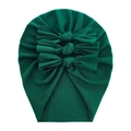 Detail of green soft cotton baby turban hat with three decorative bows on white background - Dark Green