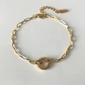 Baroque style 14K gold plated stainless steel chain bracelet with a round pendant - Polished Circle Pendant Long Link Chain (XBL0020-2) / Gold