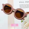 Kids round frame sunglasses in matte pink with brown lenses for girls and boys - Purple Frame Tea Lens