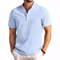 Men's light blue vertical striped linen cotton Henley shirt with short sleeves and stand collar - S / Light Blue