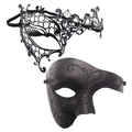 Set di maschere veneziane in metallo filigranato nero con strass e glitter scintillanti - Set (Nero Traforato + Glitter Nero Mezza Faccia)