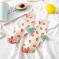 Beige cotton crew socks with red strawberry pattern and green color block design - One Size / Strawberry