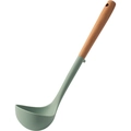 Chinese silicone soup ladle with natural wooden handle in an elegant greyish-green color - Lake Green Soup Spoon (with Stand)