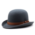 Detail of grey wool bowler hat featuring a brown faux leather band and silver metal rivets - M(56-60CM) Adjustable / Gray