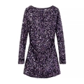 Elegantes lila Pailletten-Partykleid mit langen Ärmeln, Rundhalsausschnitt und Glanz - XS / Dunkelviolett