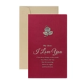 Vintage burgundy greeting card with metal rose charm and kraft envelope for Valentine - Rose