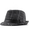 Chapeau fedora style britannique en tweed gris avec ruban en cuir noir sur blanc - M (56-58cm) / Gris