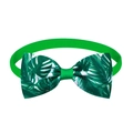 Tropical monstera leaf print pet bowtie with dark green ribbed center strap - Green Palm