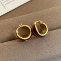 Vintage style round hoop earrings in matte gold and deep red enamel with brushed texture - 85# Earring Buckle Gold Red Vintage Brushed Red-Gold