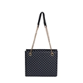 Minimalistische zwarte tote tas met blauwe stippen en gouden ketting schouderband - Blauw