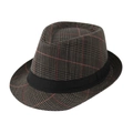 Red and black plaid linen panama fedora hat with a classic black ribbon band - Adult Size (Approx 58cm) / Striped Coffee