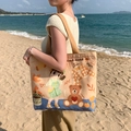 Large beige canvas tote bag with cute colorful illustrations and yellow straps - Overall Girl