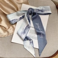 Blue and white silk skinny scarf with 'love yourself' print on elegant satin background - Misty Mountain Blue