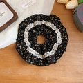 Retro black floral scrunchie with yellow flower pattern and white lace embroidery - Scrunchie / Black Floral
