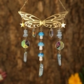Detail of golden butterfly suncatcher with blue mushroom charms and crystal prisms - Gold Wings + Aquamarine Chips