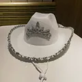 White cowboy hat with silver sequin trim and crystal tiara detail for parties - M (56-58cm) / White Sequin