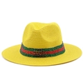 Gelber Panama-Strohhut mit roten und grünen Strasssteinen für den Sonnenschutz am Strand - M (56-58cm) / Gelb / Rot-Grüne Strasssteine