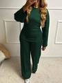 Women's chic two-piece dark green lounge set with long-sleeve top and wide-leg pants - XS / Dark Green