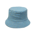 Close-up of light blue denim bucket hat with yellow floral pattern and stitching detail - Light Blue Floral Style (C)