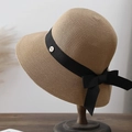 French vintage wide brim straw sun hat with black ribbon bow and gold JS metal buckle - Khaki