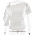 Dettaglio del design arricciato in vita su una t-shirt estiva bianca monospalla slim - M / Bianco