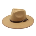Khaki wool fedora hat with wide brim and brown braided leather band for men and women - M(56-58cm) / Camel