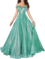 Off-shoulder mint green formal evening gown with all-over sequins and A-line silhouette - US size 2 / Emerald Green