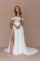 Detail of elegant white lace corset with high slit skirt and long train wedding dress - US 2 / Off White