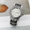 Detailed macro view of dark grey quartz watch with triple sub-dials and metal strap - Style B Black Case Black Band White Face