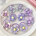 Set of 9 purple cartoon fabric flower hair ties for girls featuring floral and dot patterns - 9 Pieces Set / Mallow Purple Double-Layer Flower 10Pcs Set
