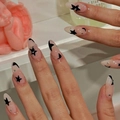 French almond-shaped press-on nails with stars, moons, and rhinestones on nude base - Star Moon Rhinestone Style (XA-27-20)