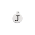 Macro detail of silver stainless steel round pendant with black engraved letter J - Steel Letter J