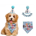 Blue glittery dog birthday party set with sequin hat and Birthday Boy bandana scarf - Light Blue Hat + Paw Print Bib BOY + Number Set