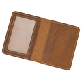 Detail view of genuine leather card holder with ID window and vertical card slots - Reddish Brown