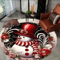 Round Christmas area rug featuring a festive snowman and red floral patterns - Sdj_round Carpet-9