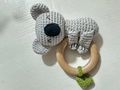 Handmade crochet koala baby rattle on a natural wood ring with a green leaf detail - Koala in Ring