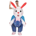 Inflatable Easter bunny costume with pink bowtie and blue overalls for party events - Riding A Blue Rabbit / One Size