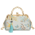 Chinese style shell bag in beige floral brocade with golden butterfly clasp and blue tassel - Blue