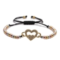 Adjustable copper bracelet with zircon heart charm and tricolor metal beads on black cord - Mixed Colored Bead Chain
