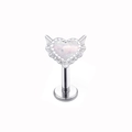 Macro detail of heart-shaped opal labret stud with silver wing accents on white background - Silver Heart Opal Wings