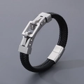 Men's black braided leather bracelet with square silver stainless steel clasp - 21cm / Steel Color (KB166208-KFC)